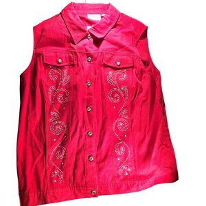 Sleeveless Button-Up Vest Quacker Factory Womens Red 1X western cowgirl country